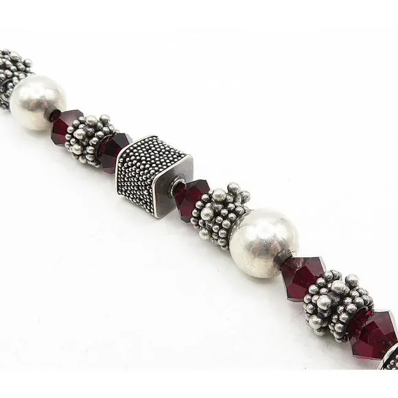 DESIGNER 925 Silver Vintage Garnet Beaded Cluster Chain Bracelet BT1644